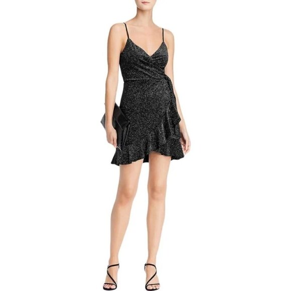 NWT AQUA Bloomingdale's Sparkle Velvet Ruffle Wrap Party Dress Black Medium - Picture 1 of 8